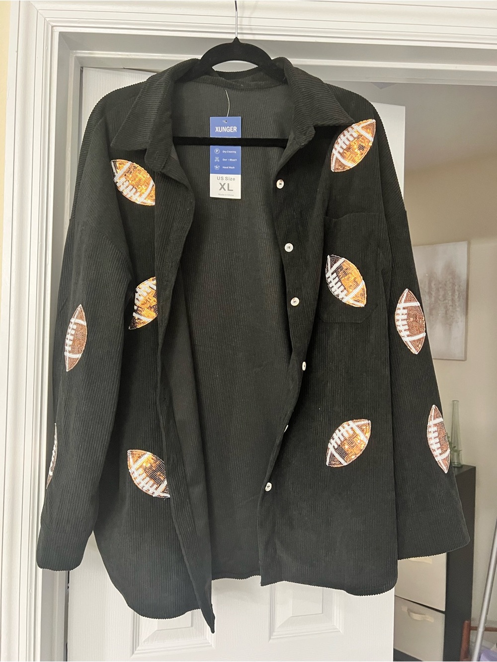 Black Corduroy Shirt Jacket with Sequin Football Patches